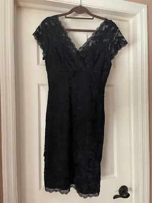 Marina Black Sequin Beaded Stretch Lace V Neck Short Sleeve Dress Size 4 Petite  • $30