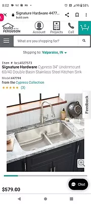 Signature Hardware 34  Cypress  Stainless Steel Undermount 60/40 Sink  • $299