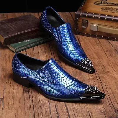 Mens Punk Metal Shoes Leather Pointed Toe Snake Pattern Formal Dress Nightclub • £101.99