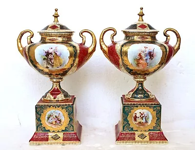 Lge Pair Of Antique Austrian Vienna Style Porcelain Lidded Vases Painted Scenes • £19.95