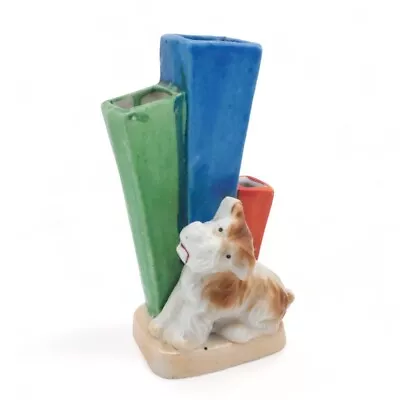VTG Art Deco Colorful Green Blue Orange Dog Miniature Bud Vase Holder Japan 4.5” • $40