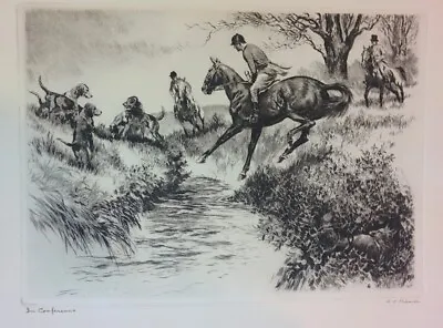 PALENSKE Drypoint Etching Taliochrome IN CONFERENCE Horse Dog Fox Hunting 12x16  • $17.97