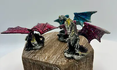 1.5 In Pewter Miniature Dragon Figures With Blue And Red  Wings Lot Of 3 • $14.99