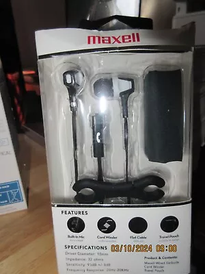 Maxell Mega Trio Black Earbuds With Mic Tangle Free Cord Winder & Carrying Pouch • $7.99