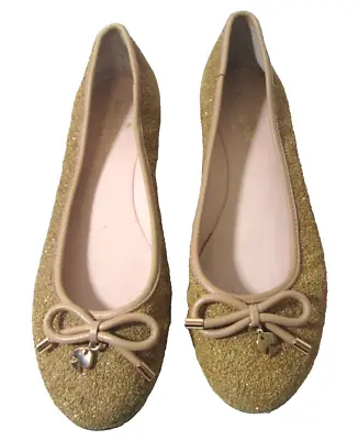 $195 KATE SPADE  WILLA  Gold Glitter/Tan Leather Bow & Charm Ballet Flats 6.5M • $19.99