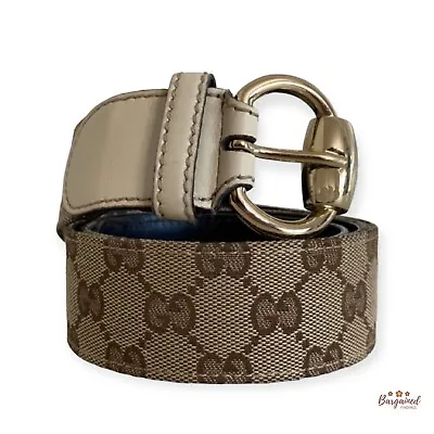 Authentic Gucci Brown Monogram Canvas Leather Gold Horsebit Ring Belt Size 85/34 • $335