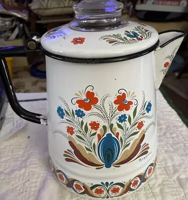 Berggren Swedish Folk Art Enamel Percolator Coffee Pot Glass Lid Signed As Is • $19