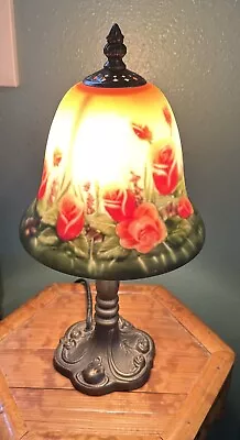 Vintage 15” Tall Reverse Painted Glass Lamp Roses And Foliage Design. • $34