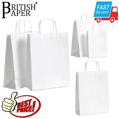 £425.99 • Buy White Paper Bags With Handles Small Large 100 50 25 For Party Gift Sweet Carrier