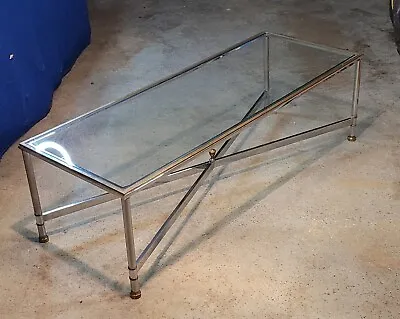 French Neoclassical Chrome Brass & Glass Coffee Table After Maison Jansen • $950