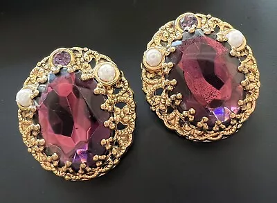 Vintage West Germany  Gold Tone Purple Glass Simulated Pearl Clip-On Earrings • $69