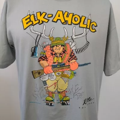 Vintage 80s Elkaholic Hunting Hunter Cartoon T Shirt RP Sportswear Tag XL USA • $29.97