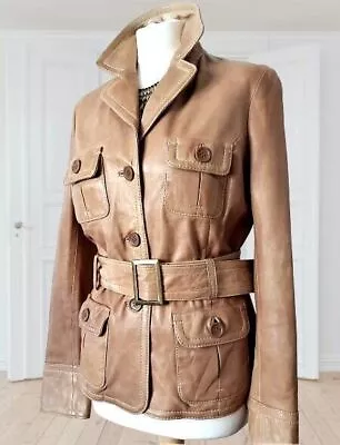 Principles Soft Tan Real Leather Safari Jacket Coat Vintage Retro Belted UK 10 • £49