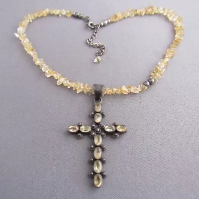 Vintage Silpada Sterling Chunky Citrine Nugget Beaded Cross Pendant Necklace • $39.99