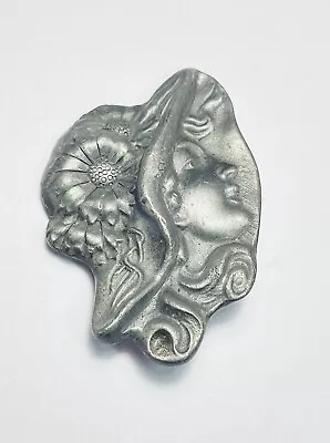 Vintage Art Nouveau Pewter Lady Wearing Hat Brooch Pin Custom Jewelry • $20.88