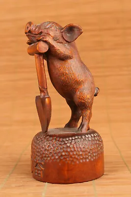 £46.79 • Buy Lovely Chinese Old Boxwood Work Hard Pig Figure Fortune Statue Pendant Netsuke