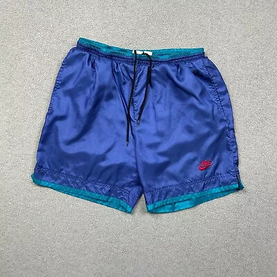 VINTAGE Nike Swim Shorts Mens Medium Blue Lined Board Trunks Swoosh 90s • $24.99