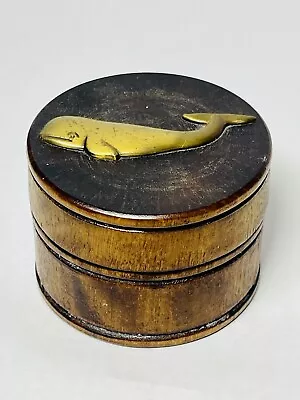 Vintage Whale Round Wood And Brass Trinket Box 2x2x2 - Made In USA Wood • $12.99