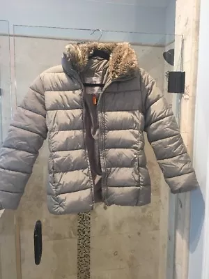 Girls Mayoral Jeans Spain Gray Tan Fur Quilted Jacket 14 Ladies Xs • $12.14