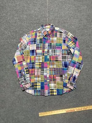 J Crew Woven LONG SLEEVE INDIAN MADRAS PLAID PATCHWORK Button SHIRT Large • $32.99
