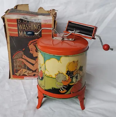 OHIO ART Vintage Tin Litho Toy Washing Machine Dolly Fern Bisel Peat Kitten +Box • $289.50