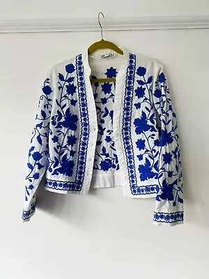 Zara White Blue Floral Linen Cotton Embroidered Jacket Kaftan Shirt Size Small • $49.73
