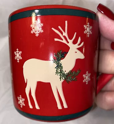 Set Of 2 12oz L.L. BEAN Red Christmas Mugs /Cups Reindeer Snowflakes Stoneware. • $19.99