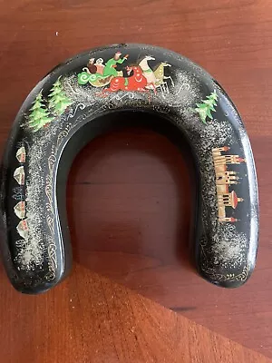 Vintage Russian Handpainted Horseshoe Box Horse Sled Gold Signed • $85