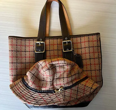 Ladies Coach 100% Wool Hat And Tote Handbag 9612.  Tan Multicolored Patchwork • $149.99