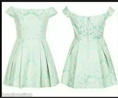 TOPSHOP Jacquard Flock Off Shoulder A-Line Duckegg Mint Green Tea Dress -Size 14 • $34.53