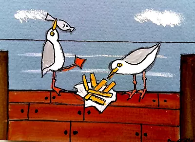 ACEO Original Bird  Painting 'Fish And Chips'  By AlisonE • £1.99