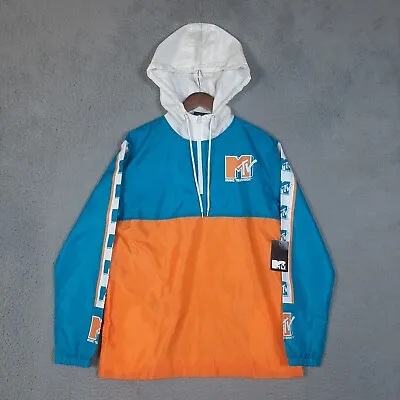 MTV Windbreaker Men's Medium Blue Orange Hooded Full Zip Logo Sleeves Retro NWT • $18.99