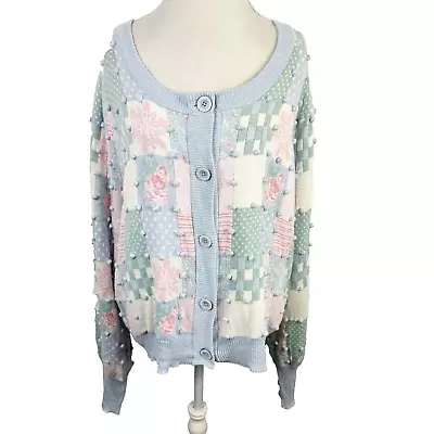 Matilda Jane Patchwork Button Cardigan Swiss Dot Granny Square Pink Blue Sz XXL • $29.66