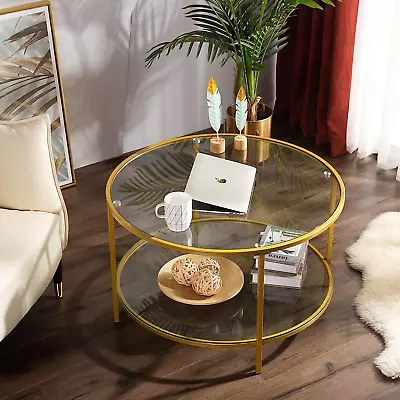 31.5  Round Coffee Table With Open Storage Shelf2-Tier Temperred Glass Round US • $140.89