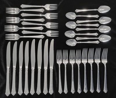 $1100 • Buy 32 Piece Oneida Damask Rose Heirloom Sterling Silver Flatware 8 Place Settings