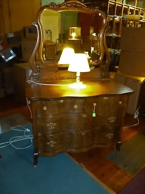 Antique Oak Dresser W/ Beveled Mirror Victorian Serpentine 1900's Refinished • $895