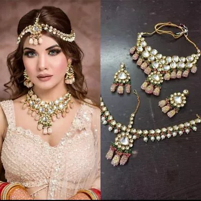 Wedding Designer Gold Plated Kundan Meenakari Beads Bridal Indian Jewellery Set • $125.11