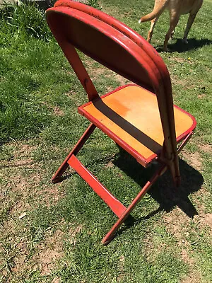 Vintage Folding Chair Child School 1954 Red Metal Wood Plank Seat • $71.20