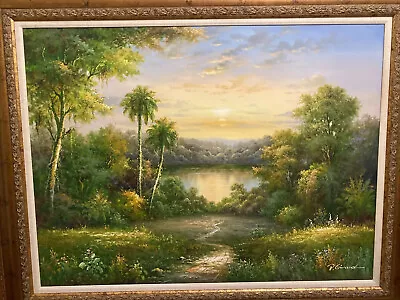 P Girard Oil Painting Landscape Tropical Mediterranean 47” X 58” Framed  • $450