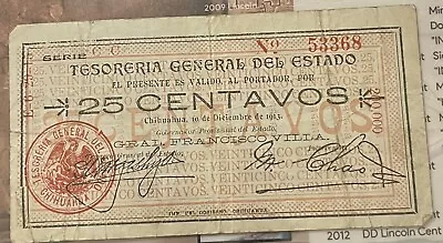 MEXICO 25 Centavos Dec. 10 1913 Serie CC Red Seal Pancho Villa Currency (QTY: 2) • $20