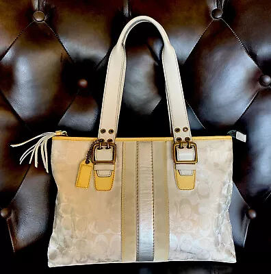 Coach Signature 2181 Limited Ed. Metallic Silver Slim Tote Bag W/Yellow Trim • $69