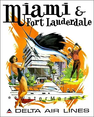 Miami & Ft Lauderdale Florida Vintage Poster Print Airline Travel Sunshine Beach • $21.58