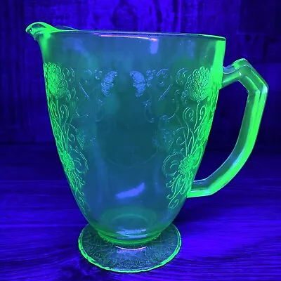 Vintage Uranium Vaseline Green Depression Glass Floral Flower Pitcher • $49.99