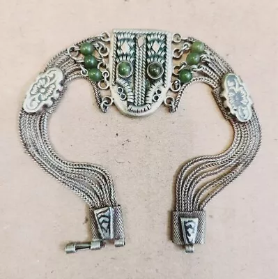 Vintage Old/Antique Women's 800 Silver Jade Green Enamel Bracelet Face Design  • $45