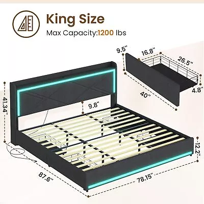 King Size Platform Bed Frame With 4 Storage Drawers Adjustable Headboard Grey • $349.99