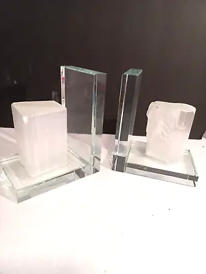 Pair Of Modern Glass Bookends With Natural Selenite Healing Crystal Stone • $47.37