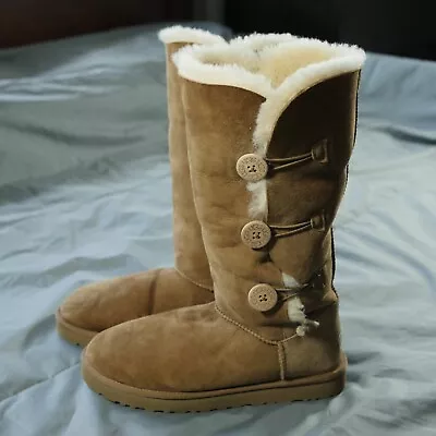 Ugg Boots Womens 11 Bailey Button Triplet II Tall Chestnut Wool Lined Comfort • $64.99