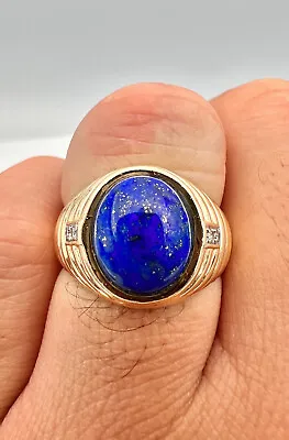 Vintage 14k Yellow Gold Cabochon Natural Blue Lapis Lazuli Diamond Men's Ring 9g • $749