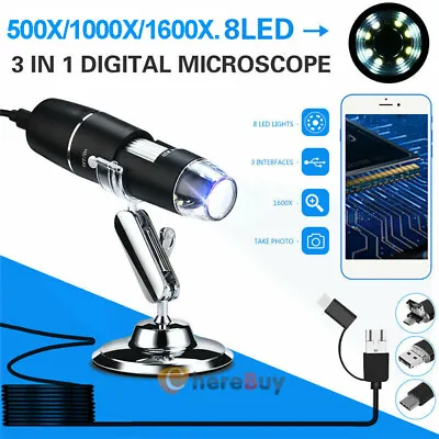 1000X/1600X USB Digital Microscope Camera 8 LED OTG Endoscope Magnification 3IN1 • $21.29