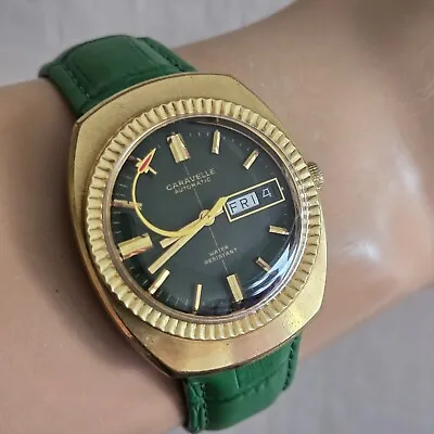 Vintage Bulova Caravelle Men's Automatic Watch 11UKACB Day/date 1971 Green Dial • $219